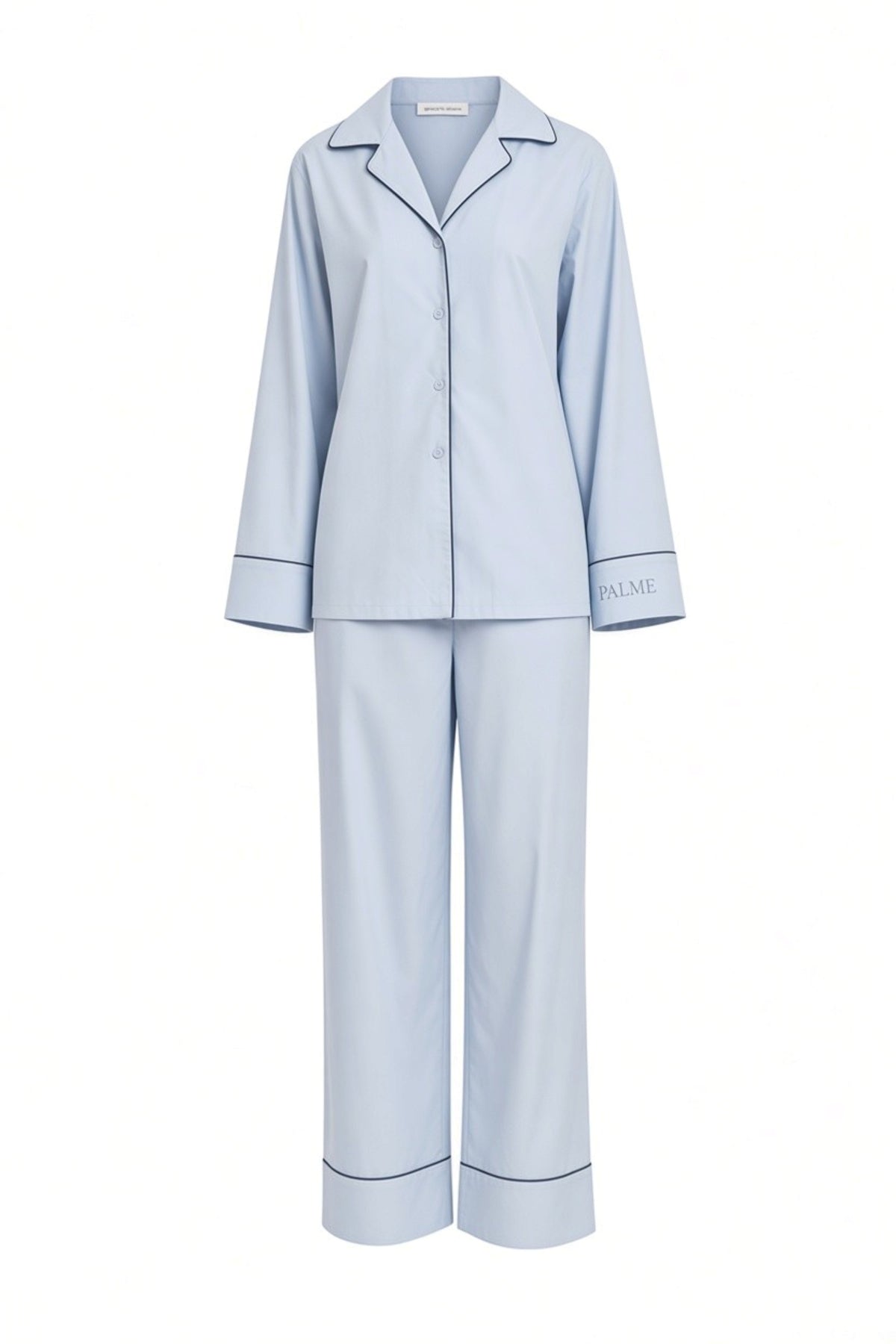 Gigi Set in duck egg blue on a ghost mannequin, an oversized pyjama shirt and wide-leg pant with French Navy piping